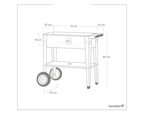 Technische Zeichnung eines Pflanztisches mit den Maßen 35 cm Tiefe, 75 cm Breite und 18 cm Höhe, 47 Liter Volumen sowie mit Ablage und Rollen. Die Höhe beträgt 80 cm und die Radgröße 50 cm.