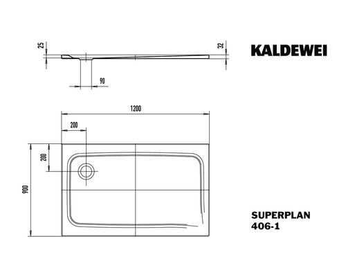 Kaldewei Superplan 406-1 Duschtasse technische Zeichnung mit Abmessungen