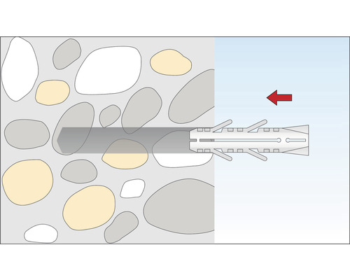 Illustration einer Dübelbefestigung in einer Steinwand mit Richtungsanzeige