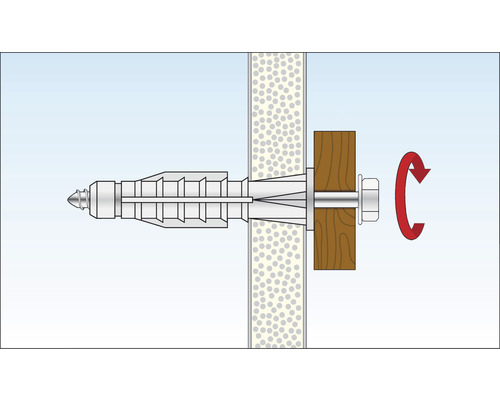 Illustration einer Dübelbefestigung in einer Wand mit Drehbewegung