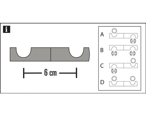 Schematische Darstellung einer Halterung mit Maßangabe sechs Zentimeter und verschiedenen Befestigungsmöglichkeiten.