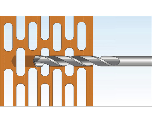 Eine Bohrmaschine bohrt durch eine Lochplatte.