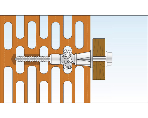 Befestigung einer Schraube mit Dübel in einer Lochfassade.