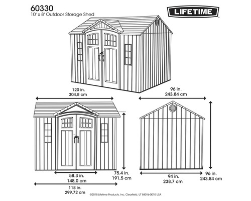 Abbildung eines Gartenschuppens mit Maßangaben und Lifetime Logo