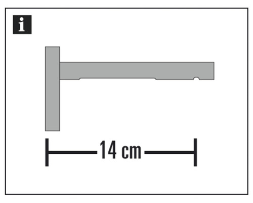 Technische Zeichnung eines Wandregalträgers mit einer Länge von 14 Zentimetern