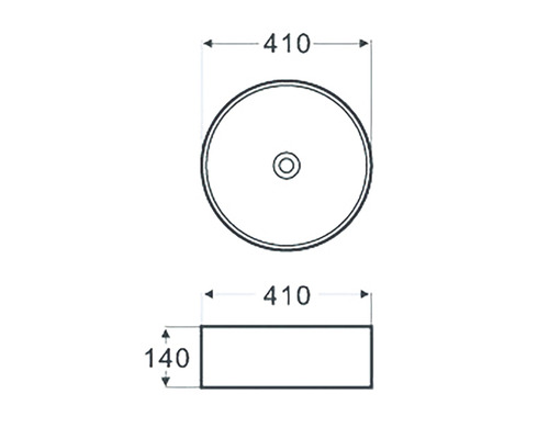 Zeichnung eines Waschtischs mit den Maßen 410 mal 410 mal 140 Millimeter.