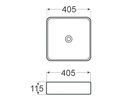 Technische Zeichnung eines Aufsatzwaschbeckens mit den Maßen 405 x 405 x 115 mm.
