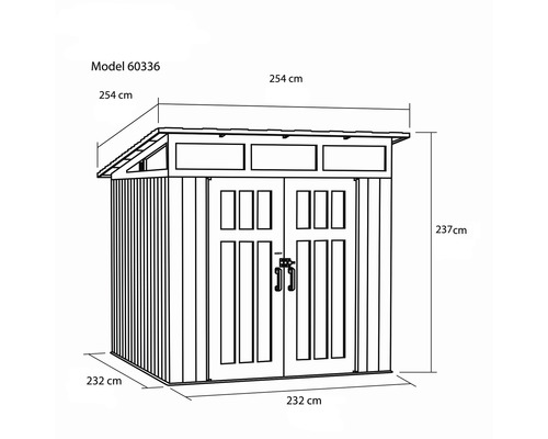 Abbildung eines Gartenhauses mit Maßangaben: Modell 60336, 254 cm Tiefe, 237 cm Höhe, 232 cm Breite.
