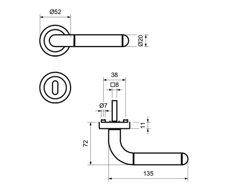 Technische Zeichnung einer Türgarnitur mit Maßen