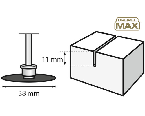 Dremel Max Logo, Schematische Darstellung eines Werkzeugaufsatzes mit einem Durchmesser von 38 mm und eines Werkstücks mit einer Nut von 11 mm Tiefe