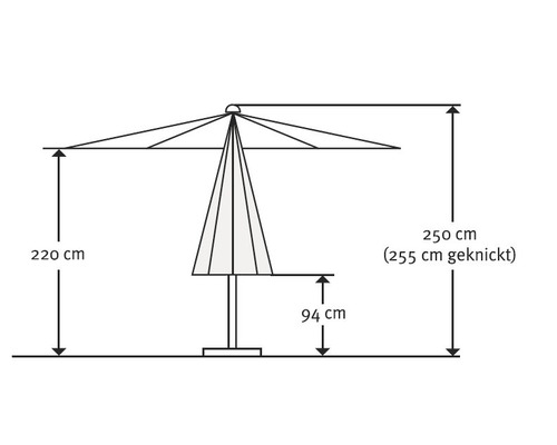 Technische Zeichnung eines Sonnenschirms mit Höhenangaben