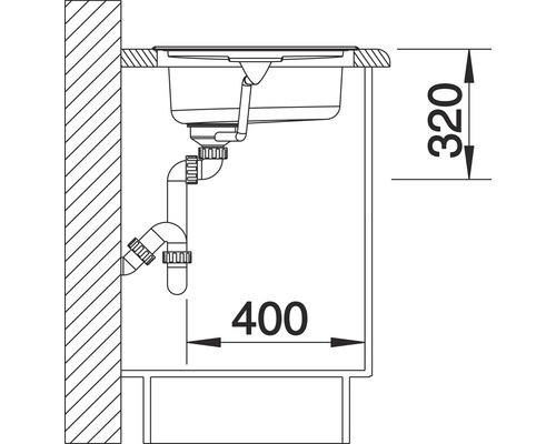 Technische Zeichnung eines Spülbeckens mit Abmessungen 320 und 400.