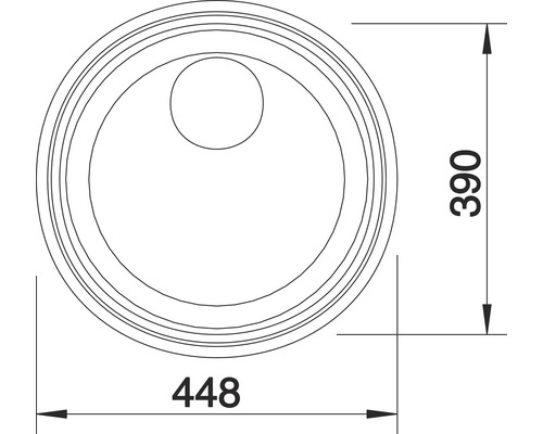 Zeichnung eines runden Waschbeckens mit den Maßen 448 mal 390 Millimeter.