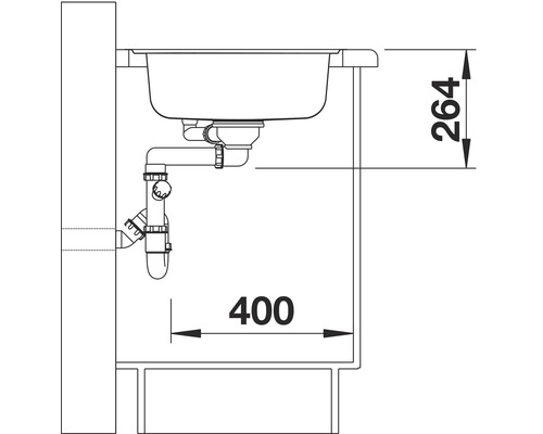 Skizze einer Spüle mit Abmessungen für die Installation