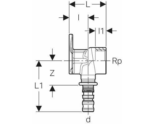 Technische Zeichnung eines Winkelventils mit Maßangaben