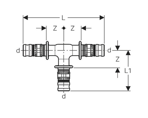 Technische Zeichnung eines T-Stücks mit Maßangaben für Sanitärinstallationen