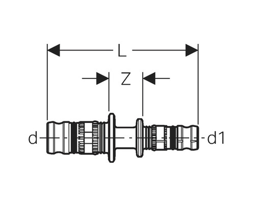 Technische Zeichnung einer Schlauchverbindung mit Maßangaben