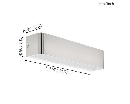 Wandleuchte mit den Maßen 365 mal 90 mal 80 Millimeter.