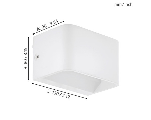 Weiße Wandleuchte mit Maßangaben.