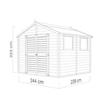 Abbildung eines Gartenhauses mit den Maßen 223 cm Höhe, 244 cm Breite und 239 cm Tiefe.