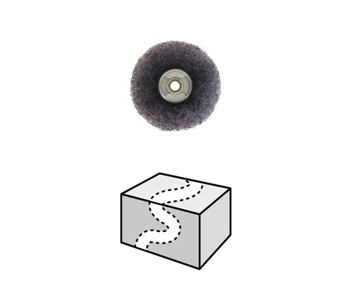 Schleifmopteller und Schemazeichnung einer Oberfläche mit Riss