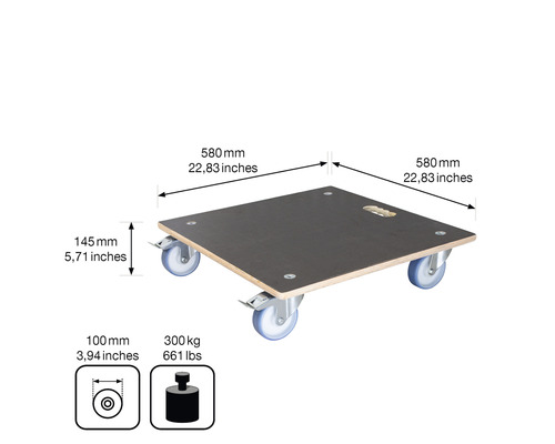Rollbrett mit den Maßen 580 x 580 mm und einer Traglast von 300 kg