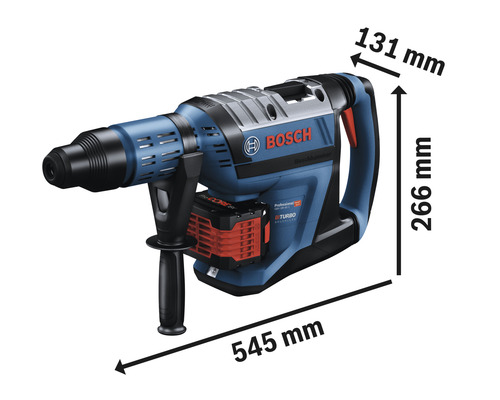 Bosch Bohrhammer mit den Maßen 545 mm Länge, 131 mm Breite und 266 mm Höhe.