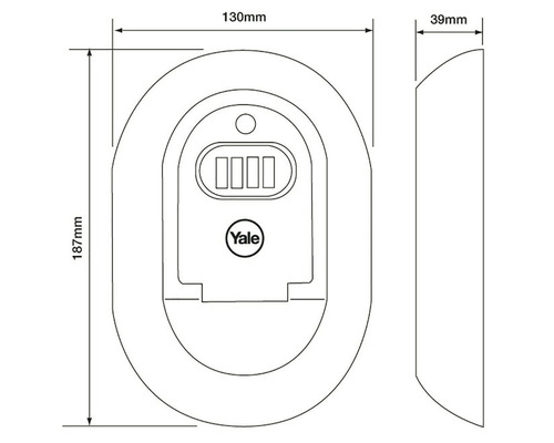 Technische Zeichnung eines Schlüsselsafes von Yale mit den Maßen 187 mm Höhe, 130 mm Breite und 39 mm Tiefe