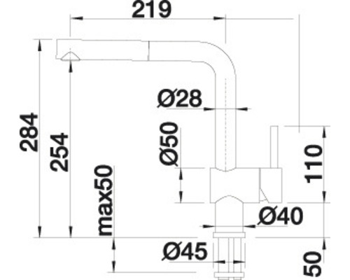 Maßzeichnung einer Küchenarmatur mit Auslauf