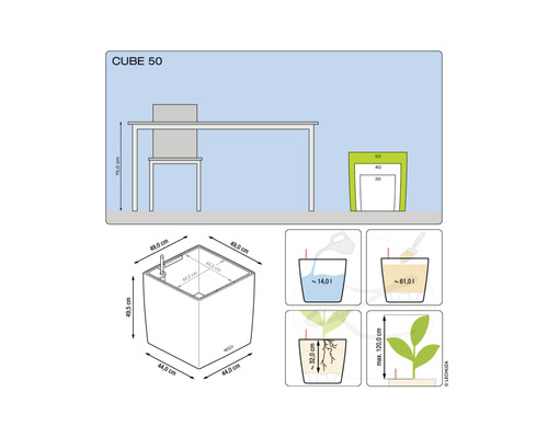 Produktdiagramm Lechuza Cube 50 Pflanzgefäß mit Maßangaben und Füllmengenhinweisen