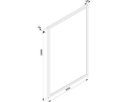 Technische Zeichnung eines Rahmens mit den Maßen 1000 x 650 x 20 mm