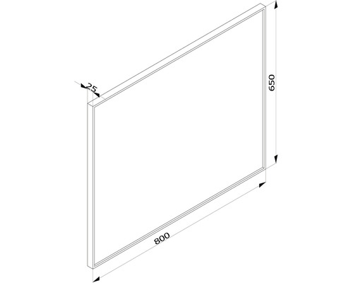 Technische Zeichnung einer Duschwand mit den Maßen 800 x 650 x 25 Millimeter
