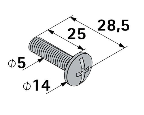 Technische Zeichnung einer Schraube mit den Maßen 5 mm Durchmesser, 25 mm Länge und 14 mm Kopf-Durchmesser