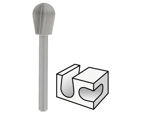 Frässtift in Birnenform und gefräste Nut zur Darstellung einer Anwendung