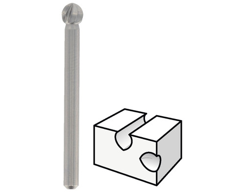 Kugelfräser neben einer schematischen Darstellung eines Werkstücks