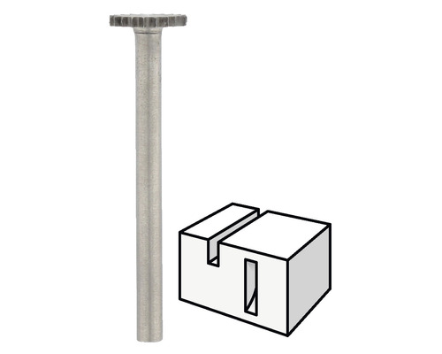 Fräser mit Führung und schematischer Darstellung eines Holzwürfels mit Schlitz