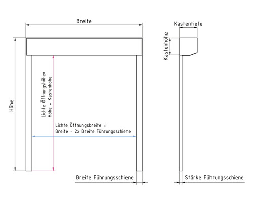 Technische Zeichnung eines Schranks mit Maßangaben zu Breite, Höhe und Tiefe