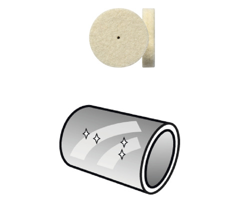 Filzpolierscheibe und Illustration eines polierten Rohres