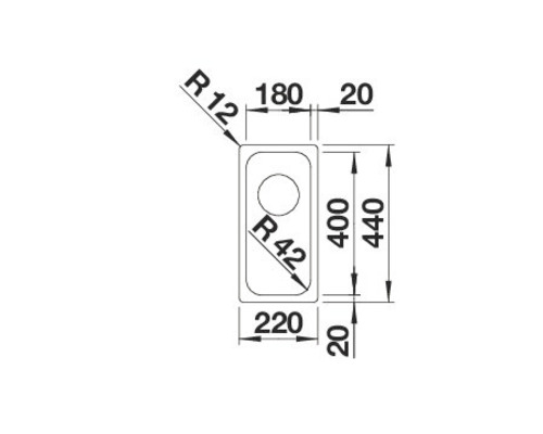 Skizze einer Spüle mit den Maßen 440 x 220 Millimeter.
