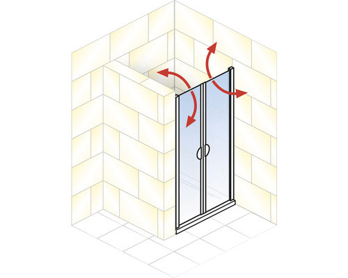 Duschtür mit Pfeilen, die die Drehbewegung anzeigen