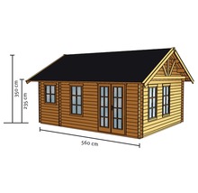 Abbildung eines Gartenhauses aus Holz mit Fenster und Doppeltür, Maße 560 x 350 x 235 cm