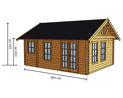 Abbildung eines Gartenhauses aus Holz mit Fenster und Doppeltür, Maße 560 x 350 x 235 cm