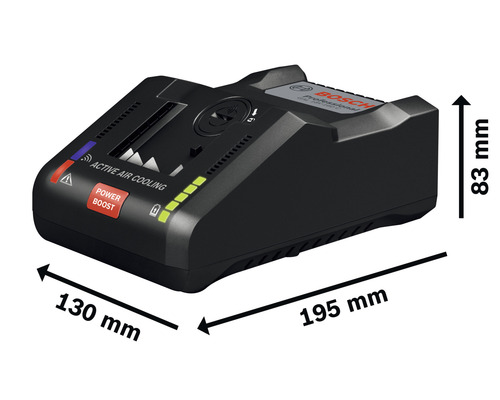 Bosch Ladegerät mit den Maßen 130 mm, 195 mm und 83 mm