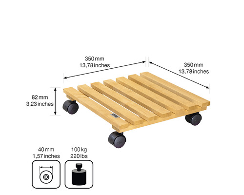Pflanzenroller aus Holz mit den Maßen 350 mm x 350 mm und einer maximalen Traglast von 100 kg