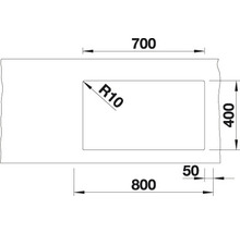 Technische Zeichnung einer Arbeitsplatte mit den Maßen 800 x 400 x 700 mm und einem Eckradius von 10 mm