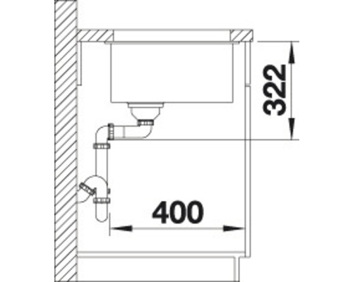 Technische Zeichnung eines Spülbeckens mit Abflussrohren und Maßangaben