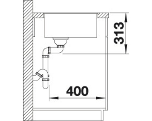 Skizze einer Spüle mit Siphon und Maßangaben