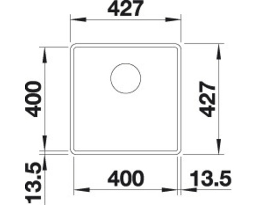 Zeichnung einer Spüle mit den Maßen 427 x 427 Millimeter und einem Becken von 400 x 400 Millimeter