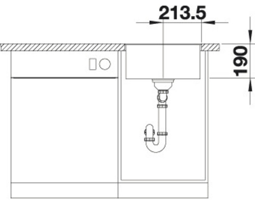Zeichnung einer Spüle mit Abmessungen 213,5 und 190 Millimeter für Installationsdetails
