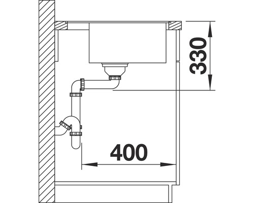 Technische Zeichnung einer Küchenspüle mit Abmessungen 400 mal 330 Millimeter.